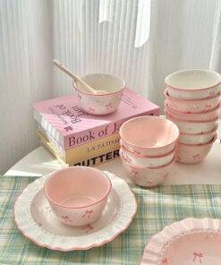 Chén sứ họa tiết nơ 1 bát + 1 thìa